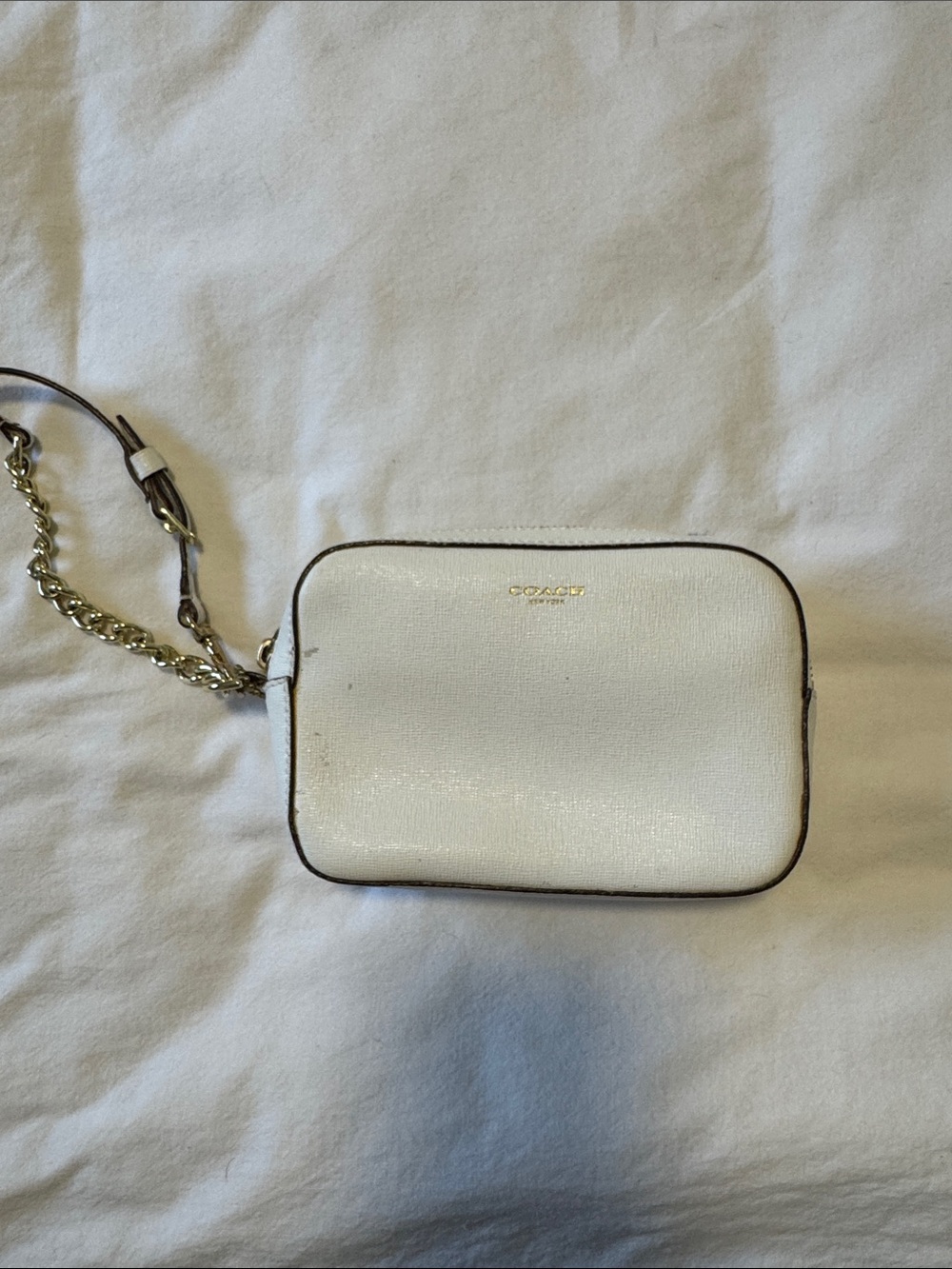 Coach White Leather Crossbody Camera Bag with Gold Chain